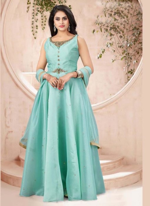 Pista Georgette Embroidered Work Party Wear Gown
