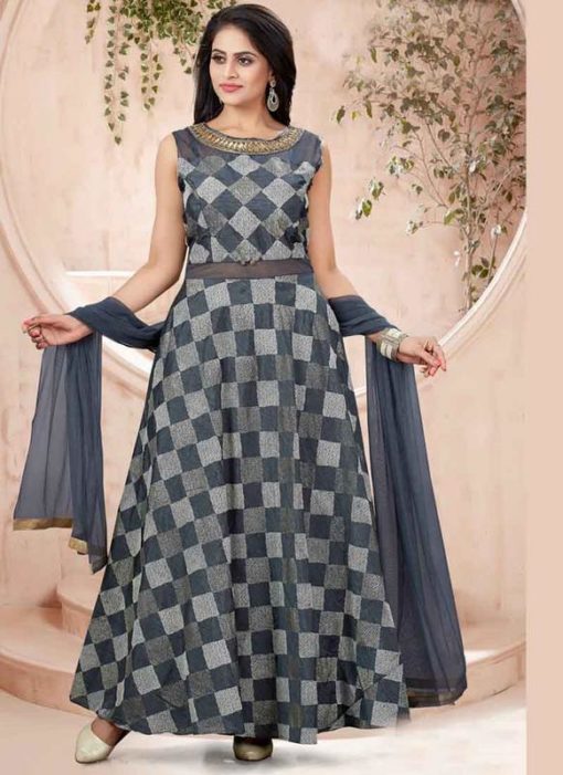 Grey Silk Embroidered Work Party Wear Gown