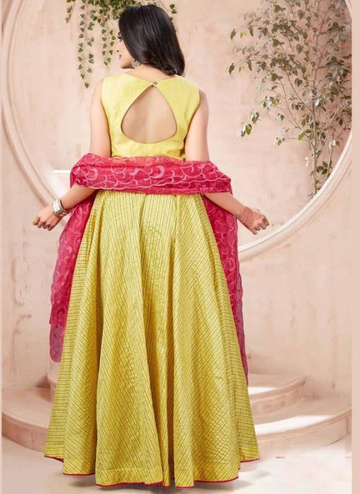 Yellow Chanderi Silk Embroidered Work Party Wear Gown