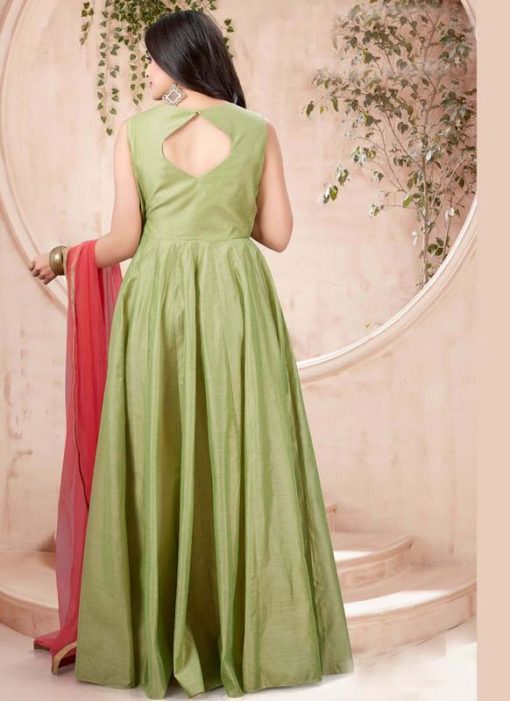 Mehendi Green Silk Embroidered Work Party Wear Gown