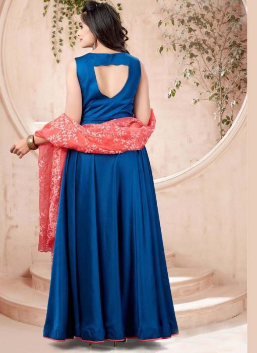 Blue Satin Embroidered Work Party Wear Gown