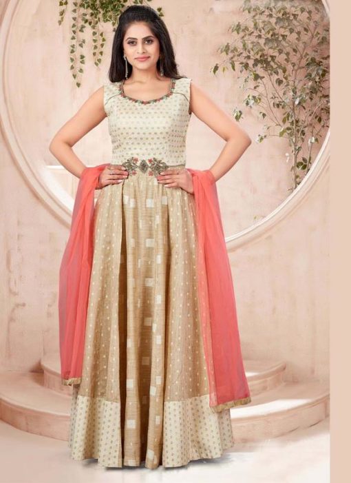 Gold Silk Embroidered Wrok Party Wear Gown