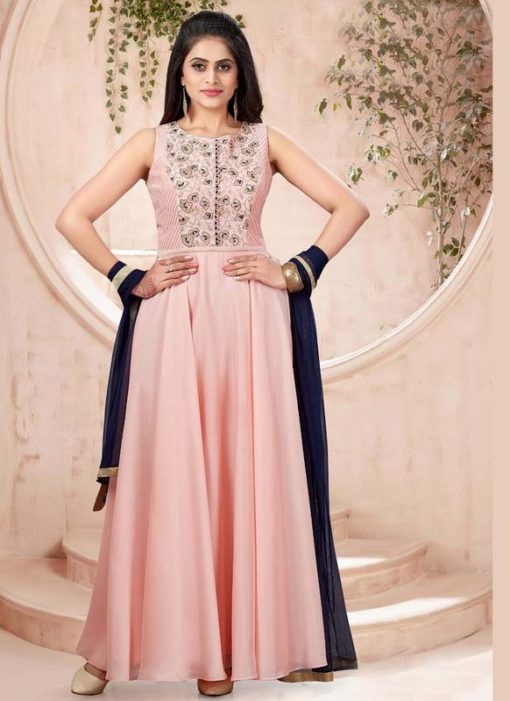 Pink Satin Embroidered Work Party Wear Gown