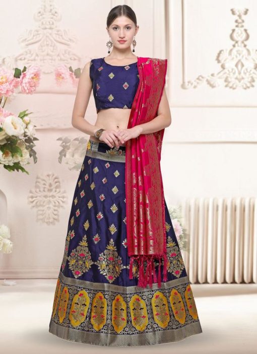 Navy Blue Banarasi Silk Zari Weaving Wedding Lehenga Choli