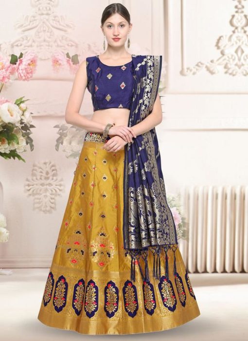 Yellow Banarasi Silk Zari Weaving Wedding Lehenga Choli