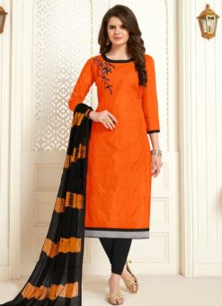 Orange Cotton Embroidered Work Churidar Salwar Kameez