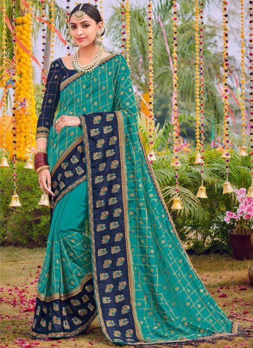 Turquoise Silk Embroidered Work Wedding Saree