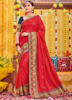 Red Silk Embroidered Work Wedding Saree