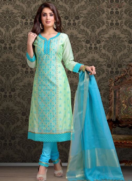 Aqua Blue Chanderi Silk Embroidered Work Churidar Salwar Suit