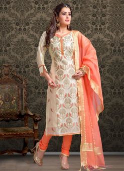 Off White Chanderi Silk Embroidered Work Churidar Salwar Suit