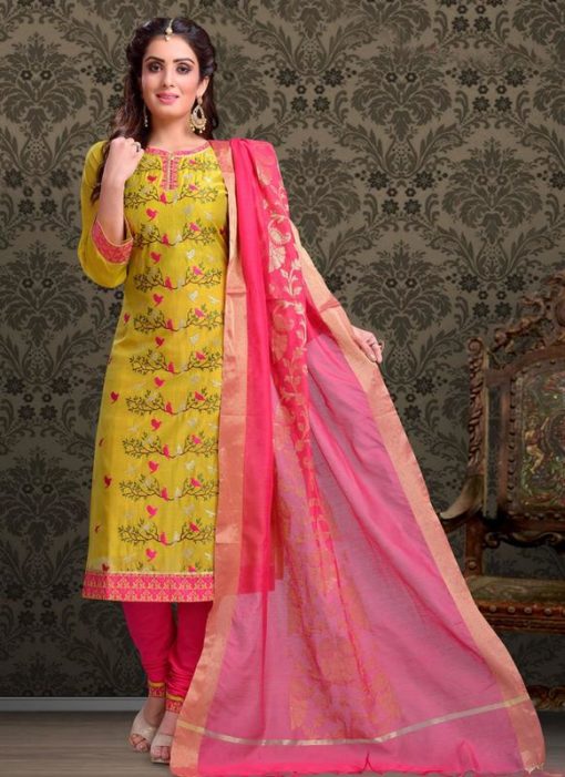 Yellow Chanderi Silk Embroidered Work Churidar Salawr Suit
