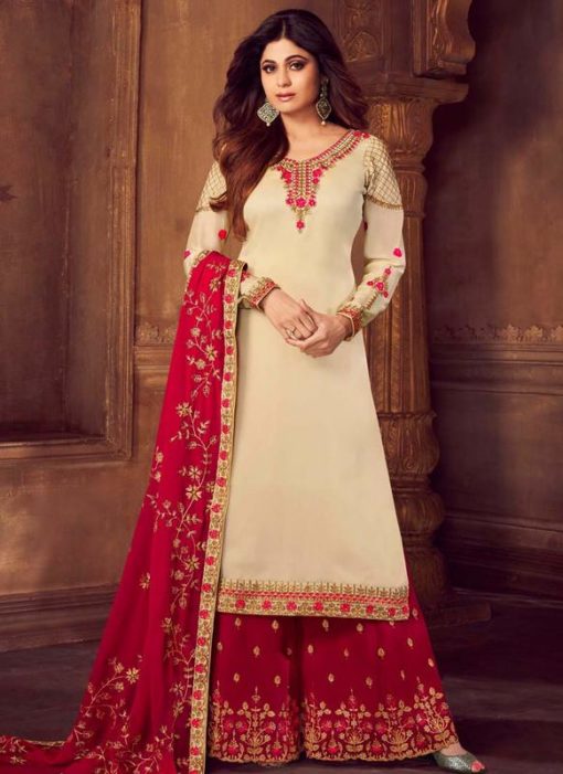 Cream Georgette Embroidered Work Palazzo Suit