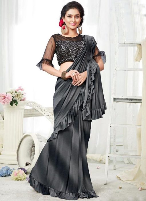Grey And Black Lycra Fancy Designer Readymade Saree