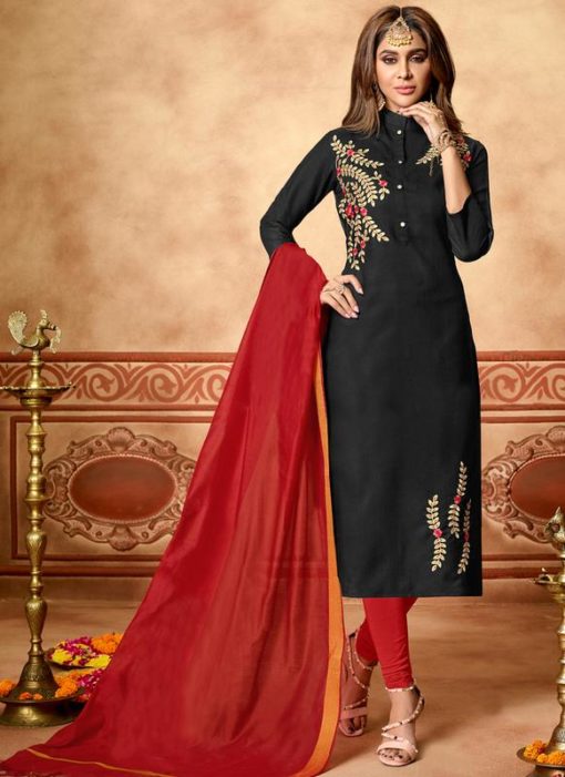 Black Cotton Casual Wear Churidar Salwar Suit