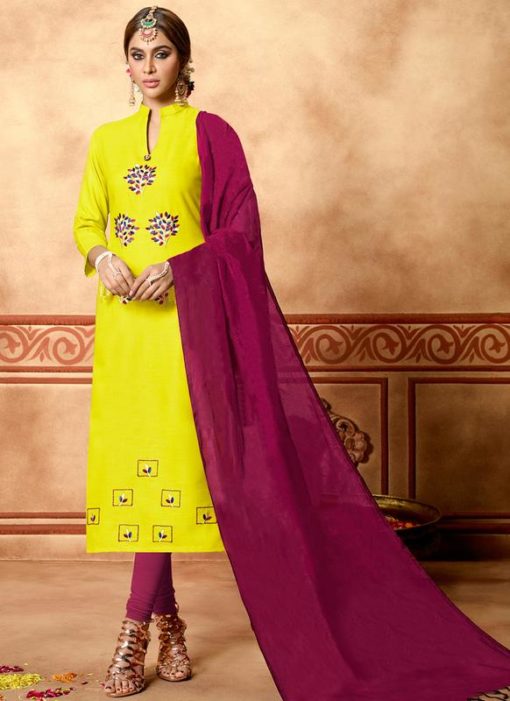 Lemon Yellow Cotton Casual Wear Churidar Salwar Suit