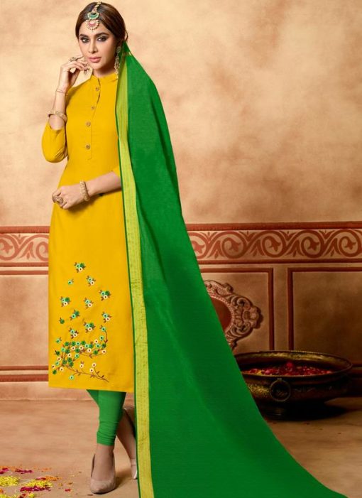 Yellow Cotton Casual Wear Churidar Salwar Suit