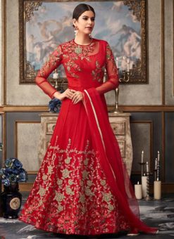 Red Designer Net Embroidered Work Anarkal Salwar Suit