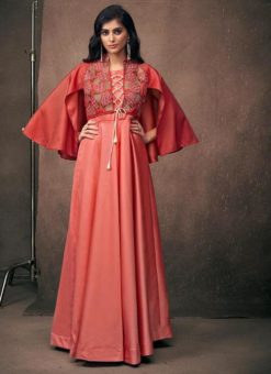 Red Satin Embroidered Work Designer Gown