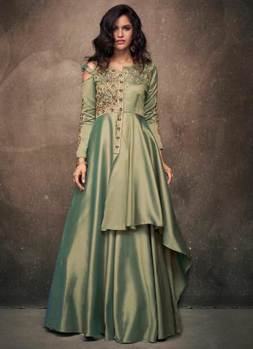 Green Satin Embroidered Work Designer Gown