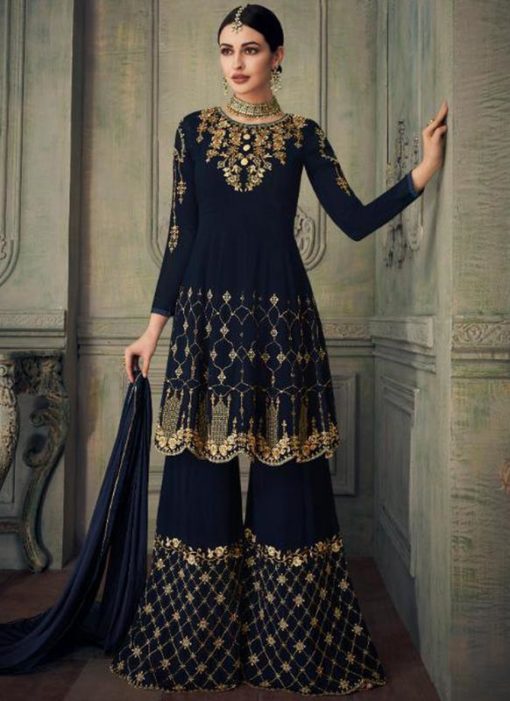 Navy Blue Georgette Embroidered Work Pakistani Suit