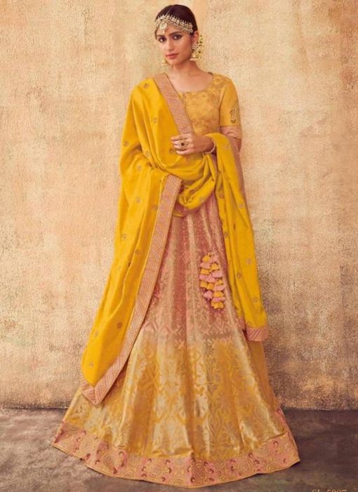 Yellow Silk Zari Weaving Wedding Lehenga Choli