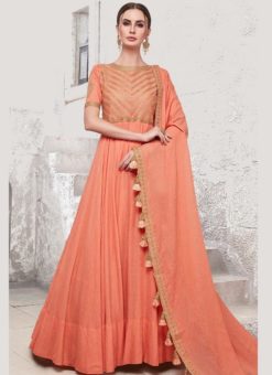 Peach Satin Cotton Embroidered Work Designer Anarkal Suit