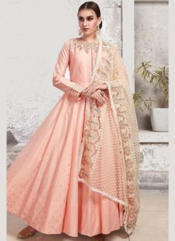 Pink Satin Embroidered Work Designer Anarkali Suit