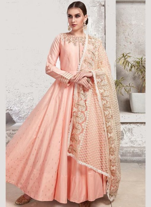 Pink Satin Embroidered Work Designer Anarkali Suit