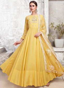 Yellow Satin Cotton Embroidered Work Designer Anarkali Suit