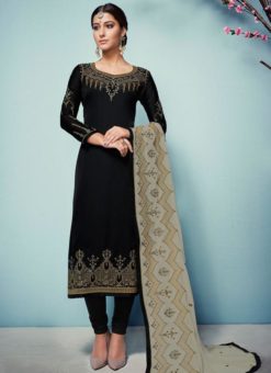 Black Satin Georgette Embroidered Work Churidar Suit