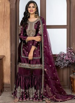 Purple Satin Embroidered Work Designer Salwar Suit