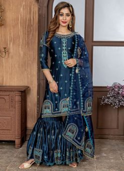 Blue Satin Embroidered Work Designer Salwar Suit