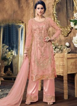 Peach Net Embroidered Work Designer Pakistani Suit