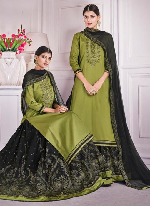 Olive Green Silk Embroidered Work Designer Long Lehenga Choli