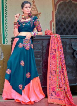 Blue And Pink Cotton Gamthi Work Navratri Lehenga Choli