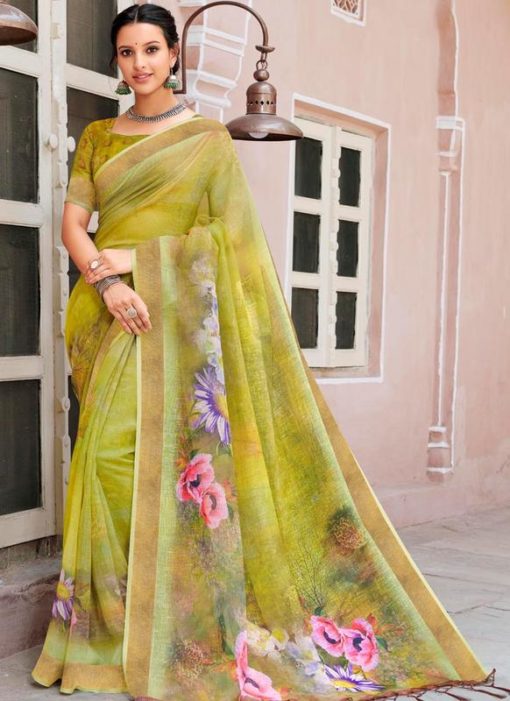Green Linen Party Wear Printed Saree