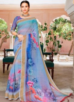 Blue Linen Party Wear Printed Saree