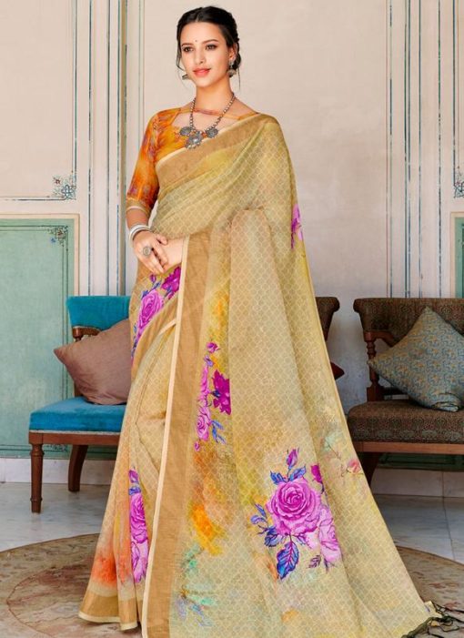 Multicolor Linen Party Wear Printed Saree