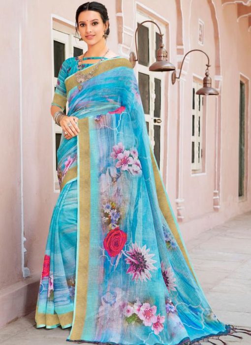 Sky Blue Linen Party Wear Printed Saree