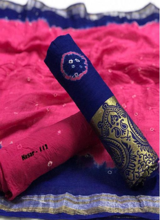 Royal Blue And Pink Cotton Bandhani Dress Material