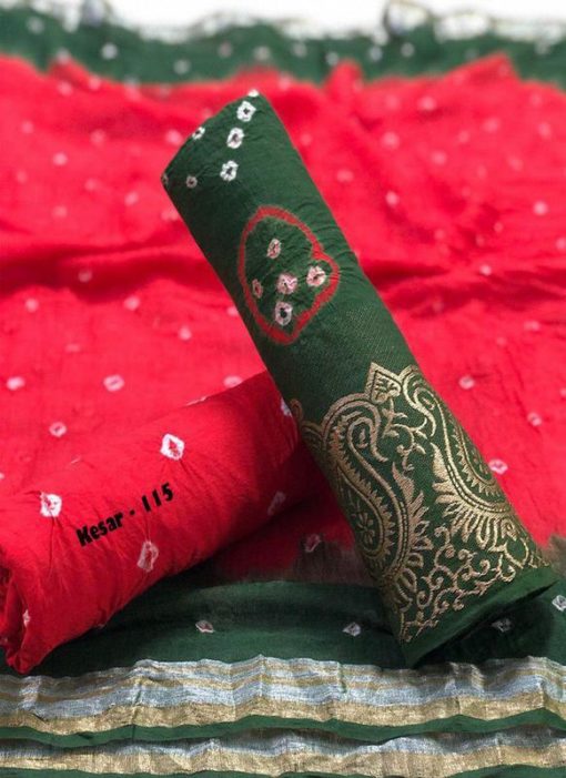 Green And Redish Cotton Bandhani Dress Material