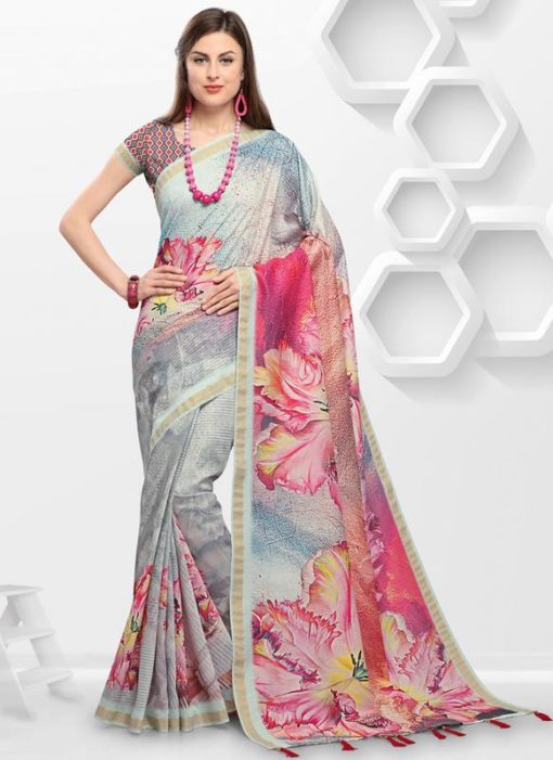Grey And Pink Linen Printed Party Wear Saree