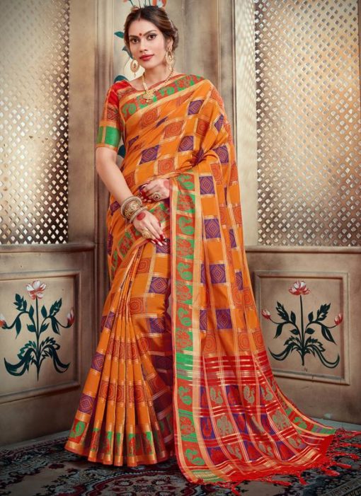 Orange Silk Zari Weaving Traditional Saree