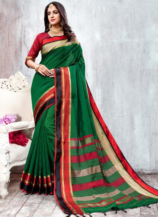 Green Cotton Thread Weaving Saree