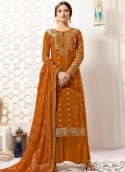 Rust Orange Silk Zari Print Party Wear Palazzo Salwar Suit