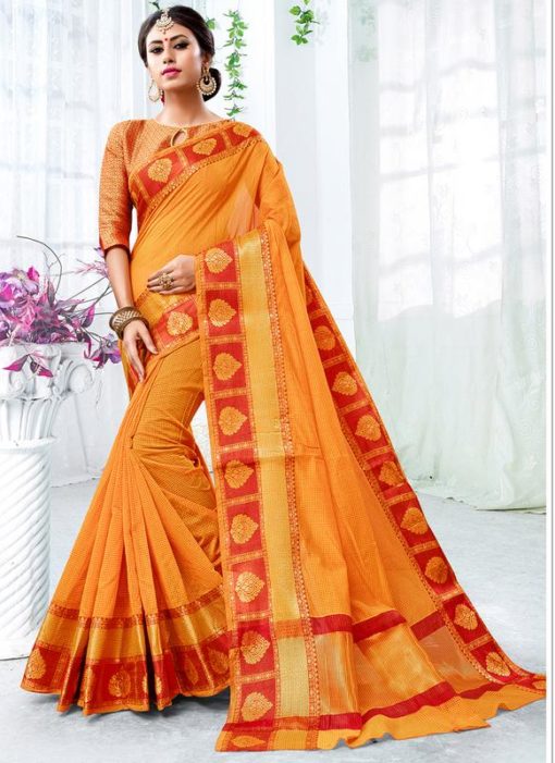 Orange Cotton Silk Zari Weaving Party Wear Saree