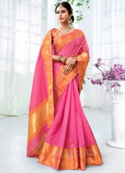 Pink Cotton Silk Zari Weaving Party Wear Saree