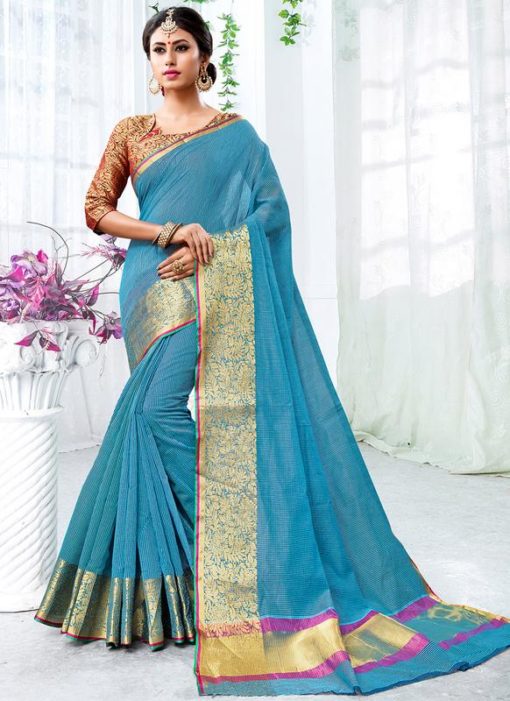 Blue Cotton Silk Zari Weaving Party Wear Saree