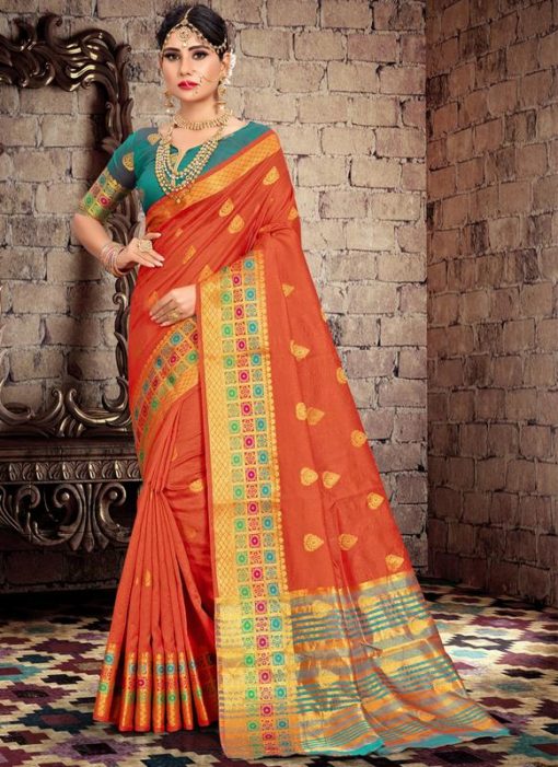 Orange Art Silk Zari Weaving Wedding Saree