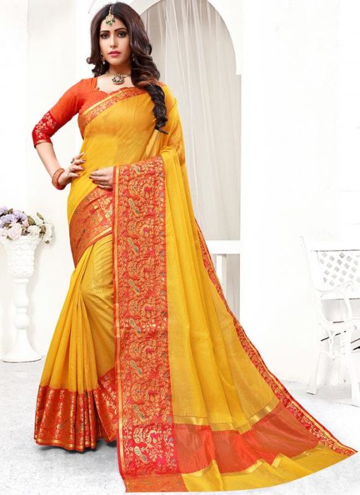 Yellow Cotton Silk Zari Weaving Wedding Saree
